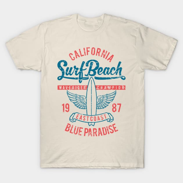 California Surf Beach: East Coast Vintage Design T-Shirt by Jarecrow 